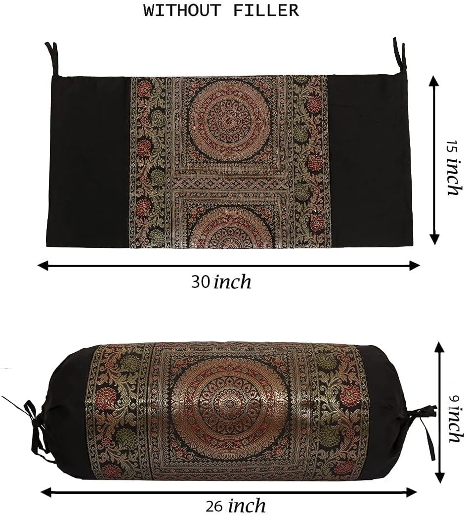 Ethnic Jacquard Brocade Silk Bolster Yoga Rectangular Pillowcase Cover Cylindrical Hotdog Black Tubular Living Room Decorative Mandala Indian Throw Pillowcase 76x38 cm - Set of 2 Pcs