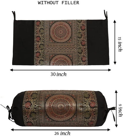Ethnic Jacquard Brocade Silk Bolster Yoga Rectangular Pillowcase Cover Cylindrical Hotdog Black Tubular Living Room Decorative Mandala Indian Throw Pillowcase 76x38 cm - Set of 2 Pcs