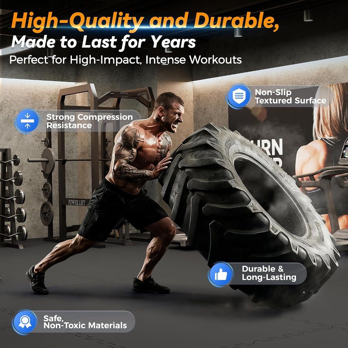 1" Extra-Thick Rubber Top Exercise Mat, Gym Flooring for Home Gym