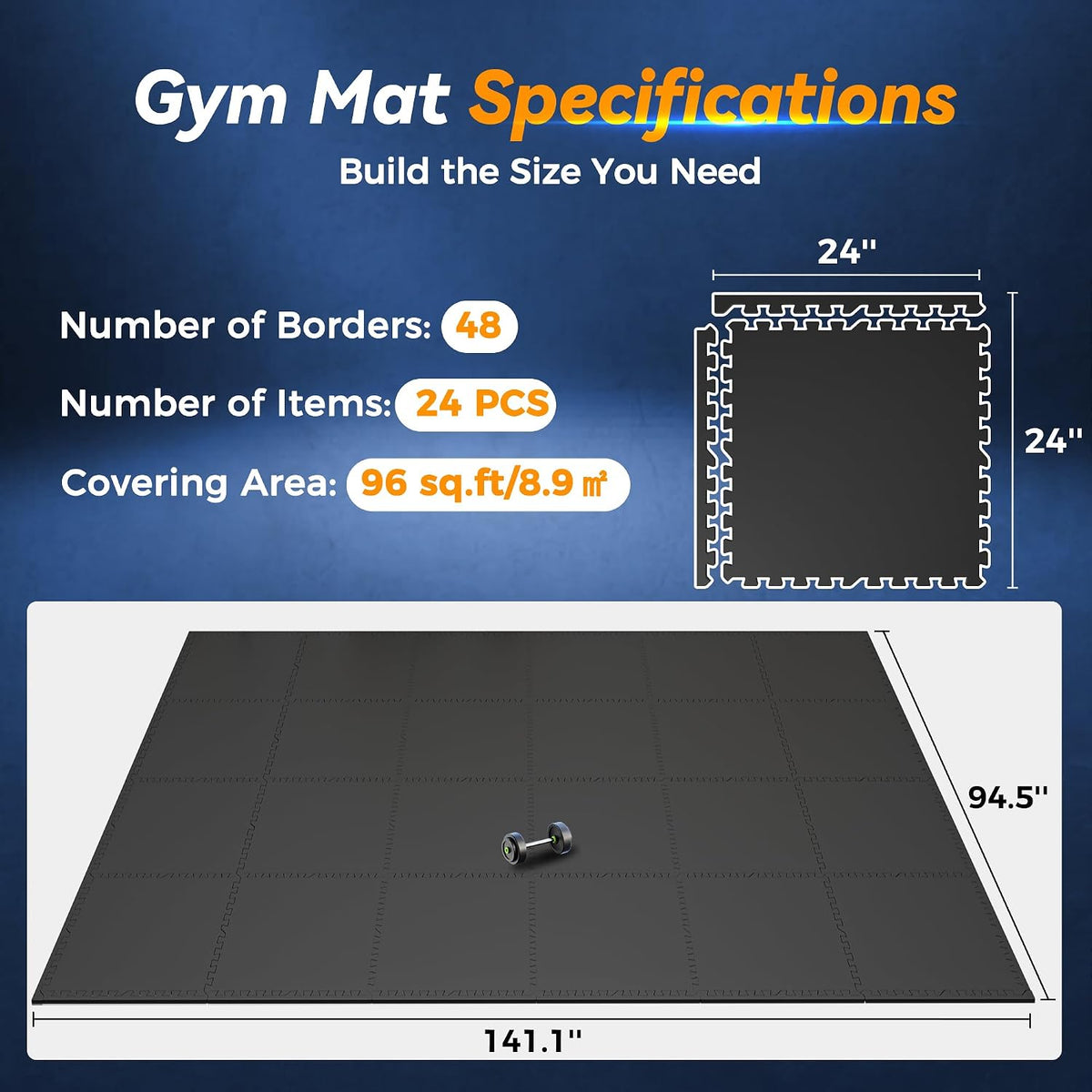 1" Extra-Thick Rubber Top Exercise Mat, Gym Flooring for Home Gym