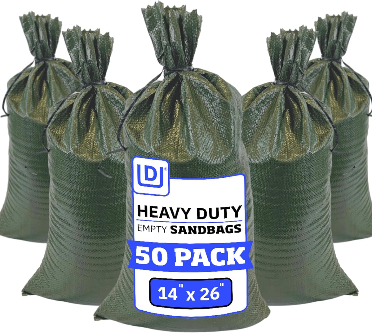 Heavy Duty Sandbags with Ties, 14x26, Empty, Green, Pack of 50