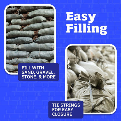 Heavy Duty Sandbags with Ties, 14x26, Empty, Green, Pack of 50