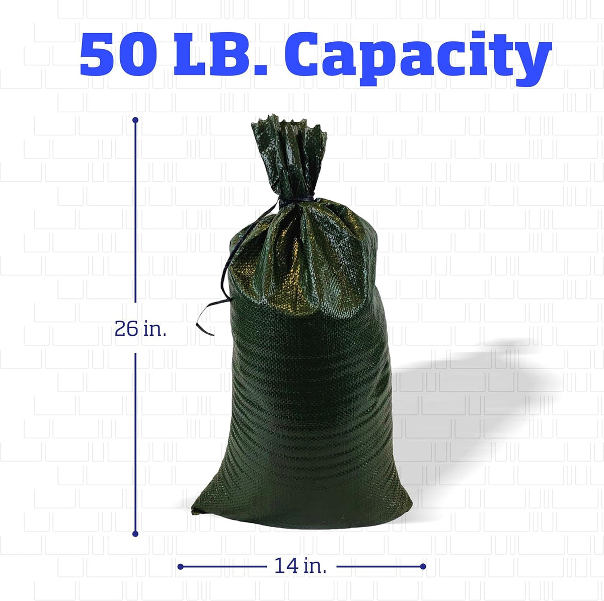 Heavy Duty Sandbags with Ties, 14x26, Empty, Green, Pack of 50