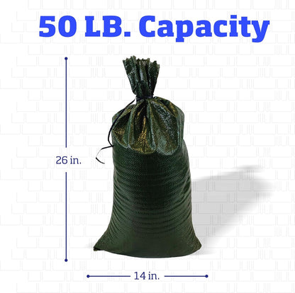 Heavy Duty Sandbags with Ties, 14x26, Empty, Green, Pack of 50