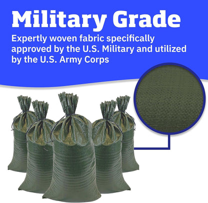 Heavy Duty Sandbags with Ties, 14x26, Empty, Green, Pack of 50