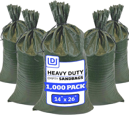 Heavy Duty Sandbags with Ties, 14x26, Empty, Green, Pack of 50