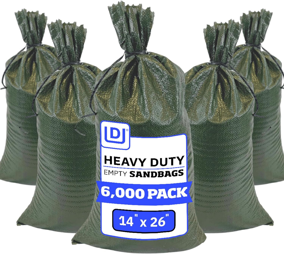 Heavy Duty Sandbags with Ties, 14x26, Empty, Green, Pack of 50