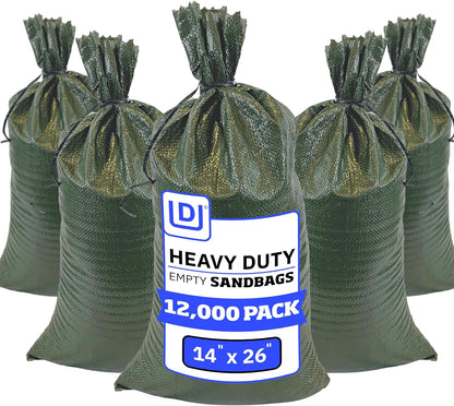 Heavy Duty Sandbags with Ties, 14x26, Empty, Green, Pack of 50
