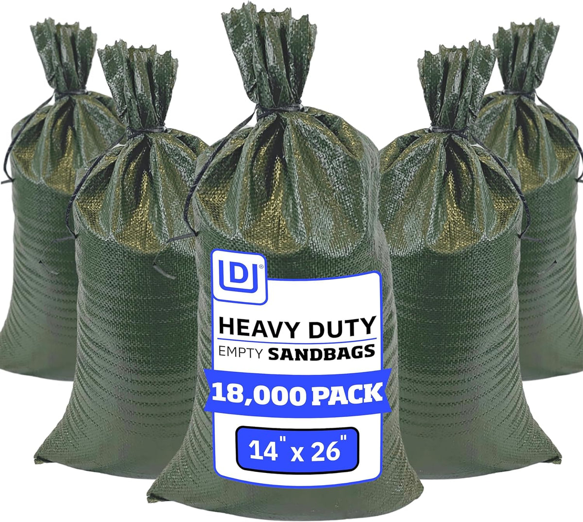 Heavy Duty Sandbags with Ties, 14x26, Empty, Green, Pack of 50