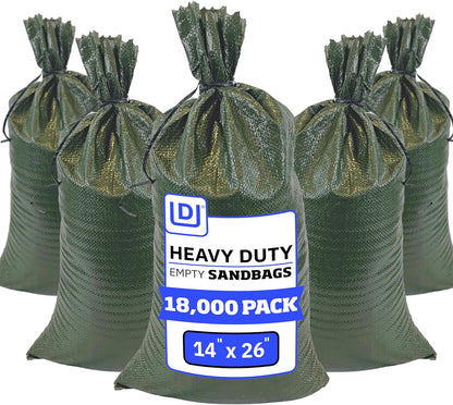 Heavy Duty Sandbags with Ties, 14x26, Empty, Green, Pack of 50