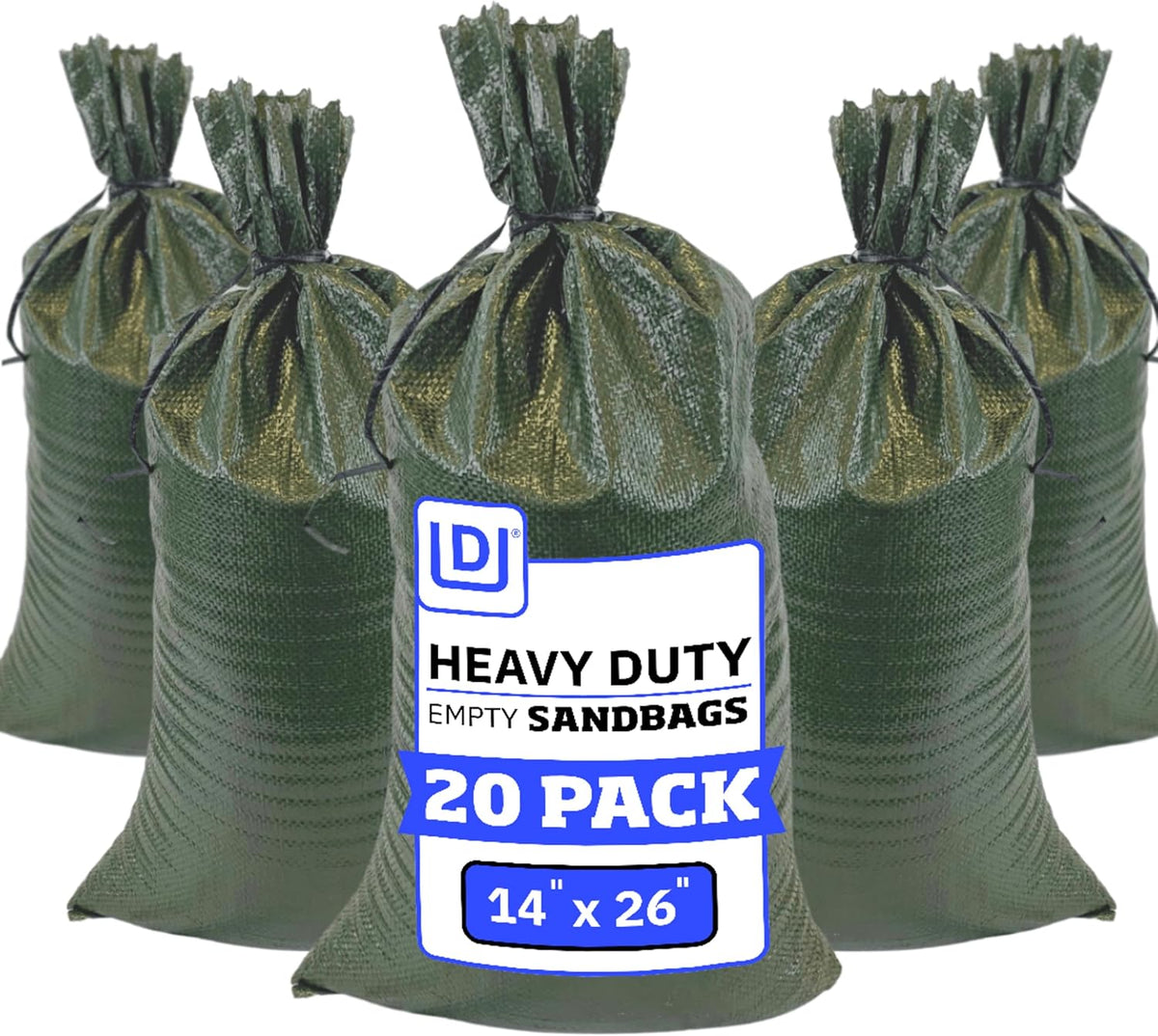 Heavy Duty Sandbags with Ties, 14x26, Empty, Green, Pack of 50