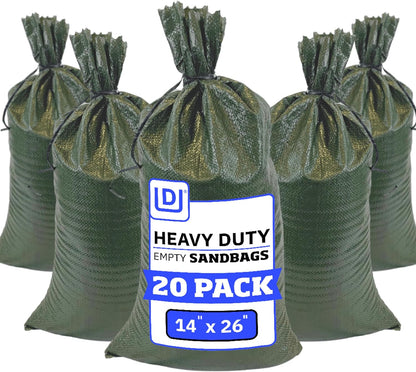 Heavy Duty Sandbags with Ties, 14x26, Empty, Green, Pack of 50