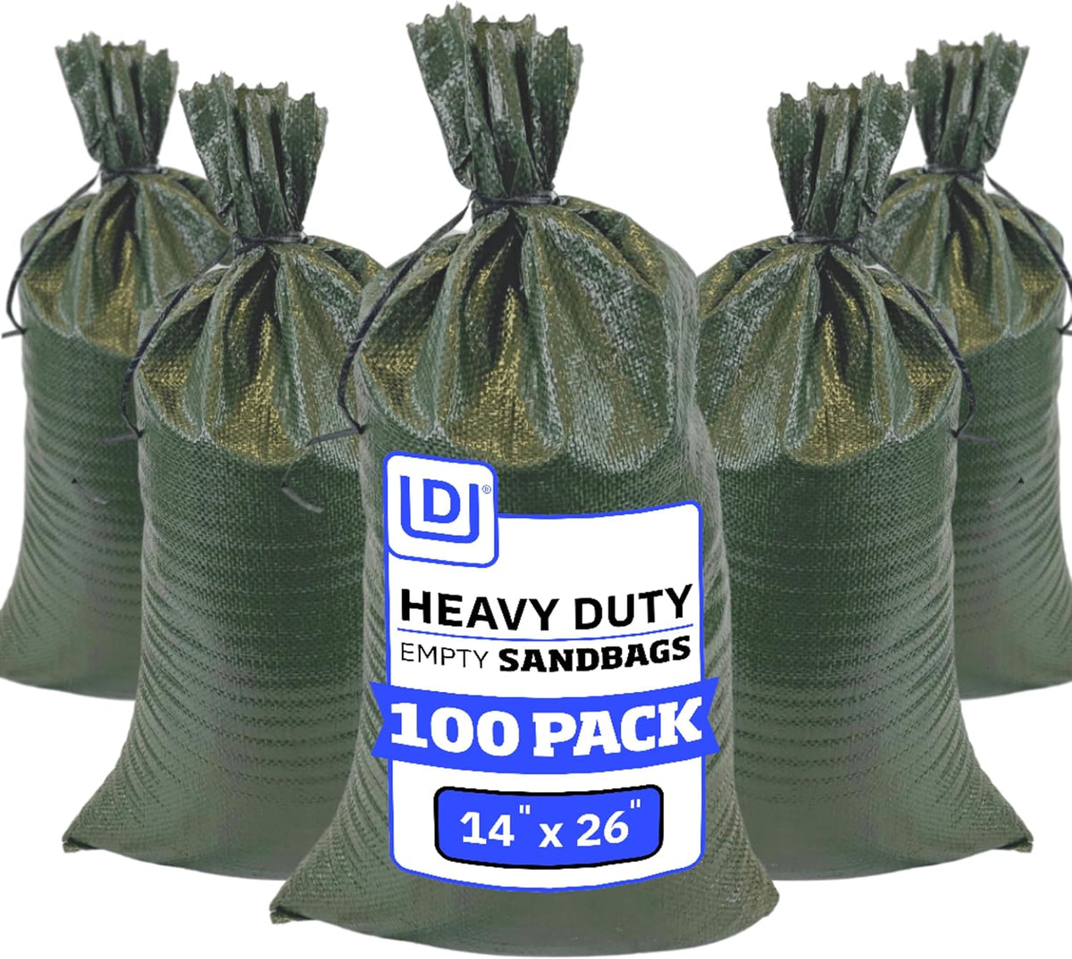 Heavy Duty Sandbags with Ties, 14x26, Empty, Green, Pack of 50