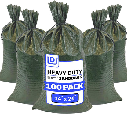 Heavy Duty Sandbags with Ties, 14x26, Empty, Green, Pack of 50