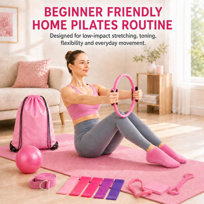 Pilates Kit for Women, 13 Piece Home Workout Starter Set with 14 Inch Ring, Mini Ball, 5 Resistance Bands, Yoga Socks, Stretch Strap and Carry Bag for Core Strength, Toning, Flexibility