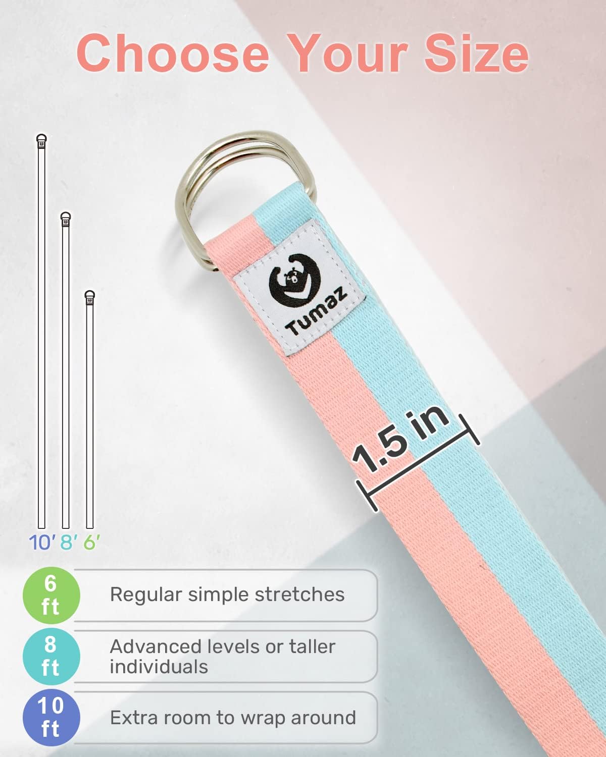 Yoga Strap for Stretching with Adjustable D-Ring, 6/8/10 ft