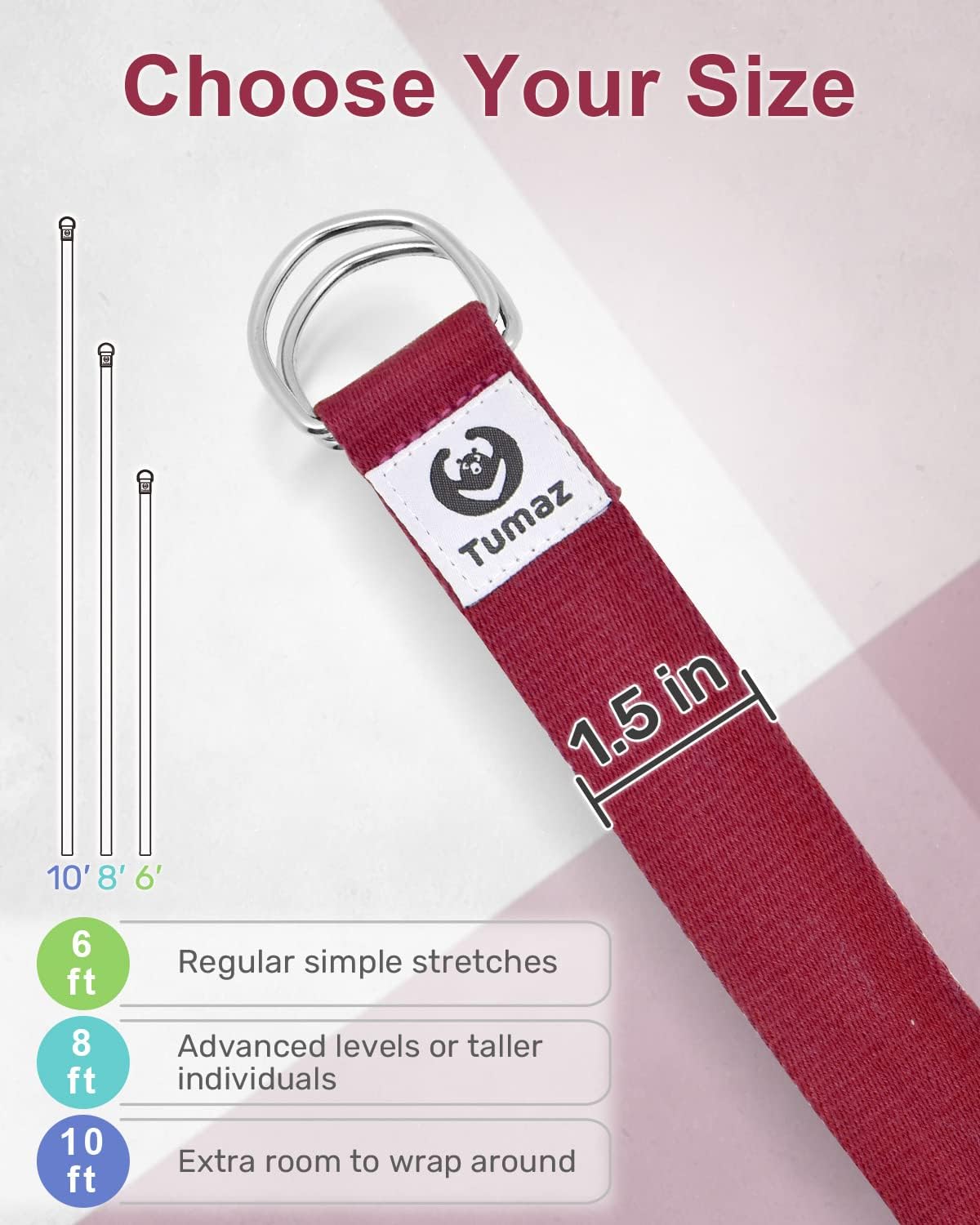Yoga Strap for Stretching with Adjustable D-Ring, 6/8/10 ft