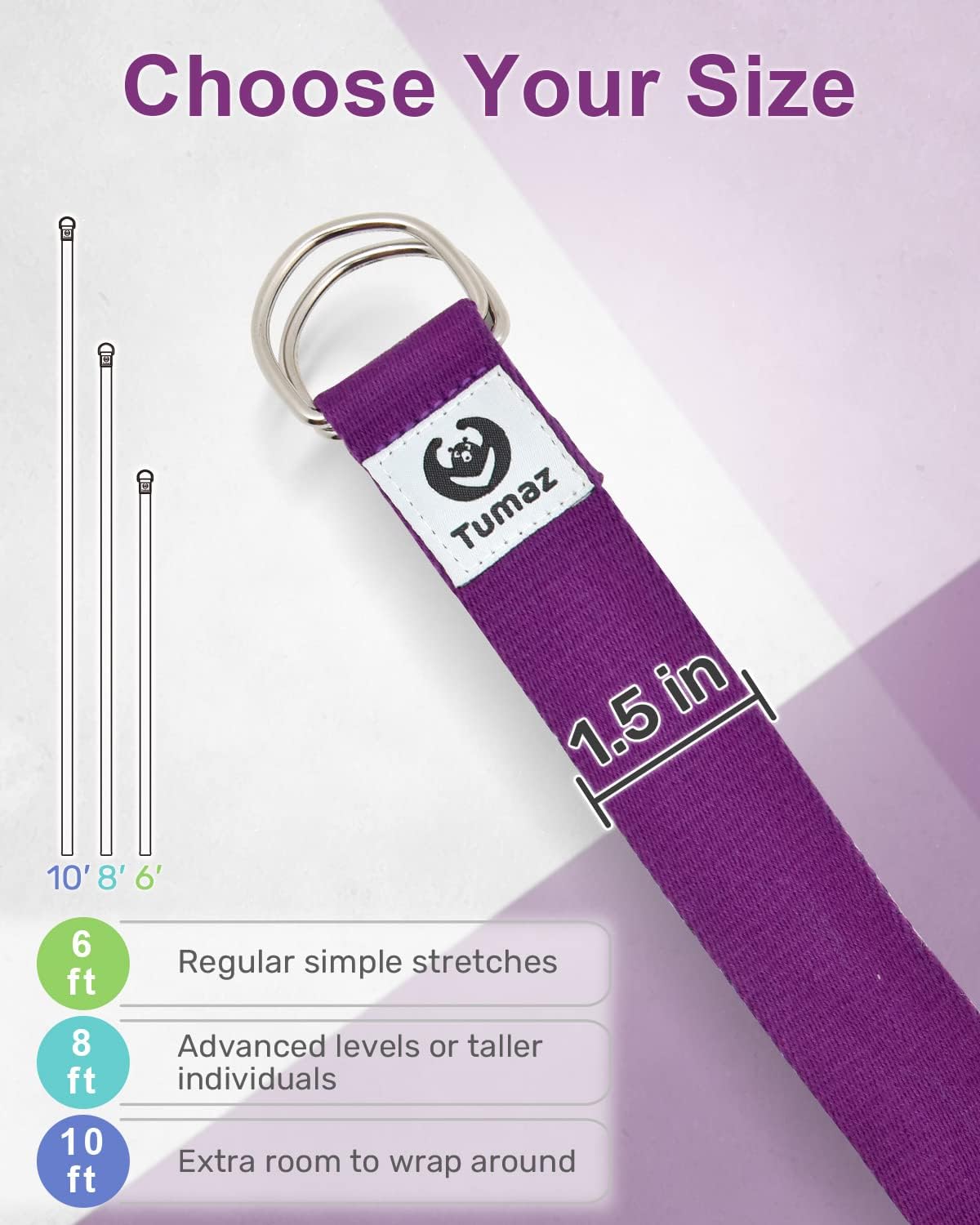 Yoga Strap for Stretching with Adjustable D-Ring, 6/8/10 ft