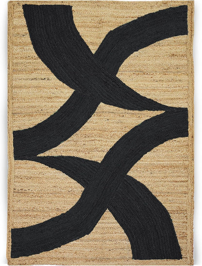 Premium Quality Jute Rug 4x6 Feet Area Rug Natural Fiber Jute Rugs Thick 0.27" Black Abstract Pattern Geometric Rugs for Kids Room, Living Room, Yoga Mat, Indoor Outdoor Carpet - Colors C