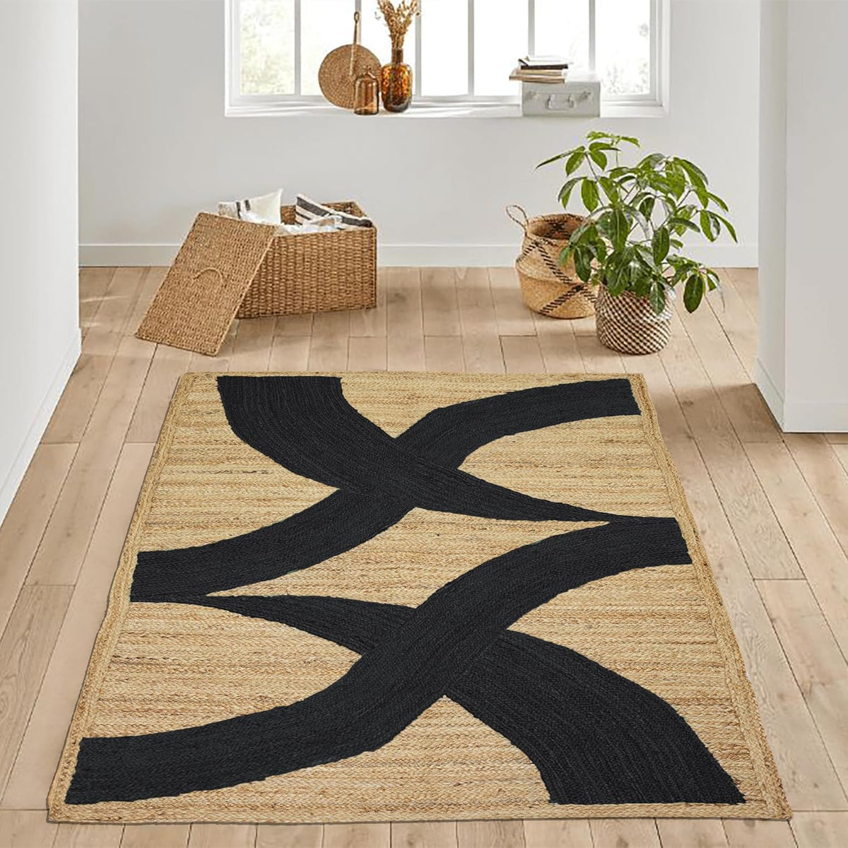 Premium Quality Jute Rug 4x6 Feet Area Rug Natural Fiber Jute Rugs Thick 0.27" Black Abstract Pattern Geometric Rugs for Kids Room, Living Room, Yoga Mat, Indoor Outdoor Carpet - Colors C