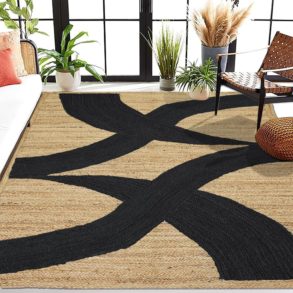 Premium Quality Jute Rug 4x6 Feet Area Rug Natural Fiber Jute Rugs Thick 0.27" Black Abstract Pattern Geometric Rugs for Kids Room, Living Room, Yoga Mat, Indoor Outdoor Carpet - Colors C