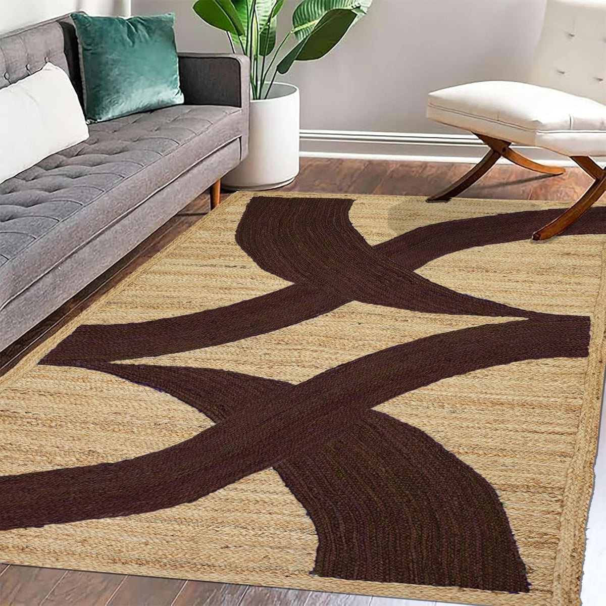 Premium Quality Jute Rug 4x6 Feet Area Rug Natural Fiber Jute Rugs Thick 0.27" Black Abstract Pattern Geometric Rugs for Kids Room, Living Room, Yoga Mat, Indoor Outdoor Carpet - Colors C