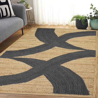 Premium Quality Jute Rug 4x6 Feet Area Rug Natural Fiber Jute Rugs Thick 0.27" Black Abstract Pattern Geometric Rugs for Kids Room, Living Room, Yoga Mat, Indoor Outdoor Carpet - Colors C