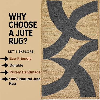 Premium Quality Jute Rug 4x6 Feet Area Rug Natural Fiber Jute Rugs Thick 0.27" Black Abstract Pattern Geometric Rugs for Kids Room, Living Room, Yoga Mat, Indoor Outdoor Carpet - Colors C