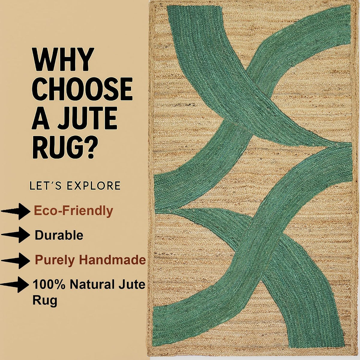 Premium Quality Jute Rug 4x6 Feet Area Rug Natural Fiber Jute Rugs Thick 0.27" Black Abstract Pattern Geometric Rugs for Kids Room, Living Room, Yoga Mat, Indoor Outdoor Carpet - Colors C