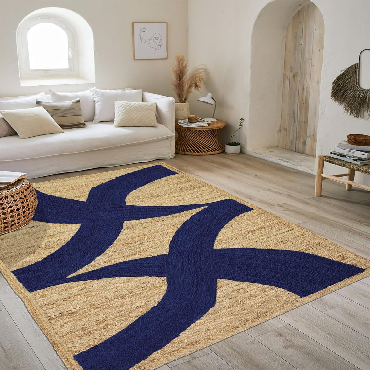 Premium Quality Jute Rug 4x6 Feet Area Rug Natural Fiber Jute Rugs Thick 0.27" Black Abstract Pattern Geometric Rugs for Kids Room, Living Room, Yoga Mat, Indoor Outdoor Carpet - Colors C