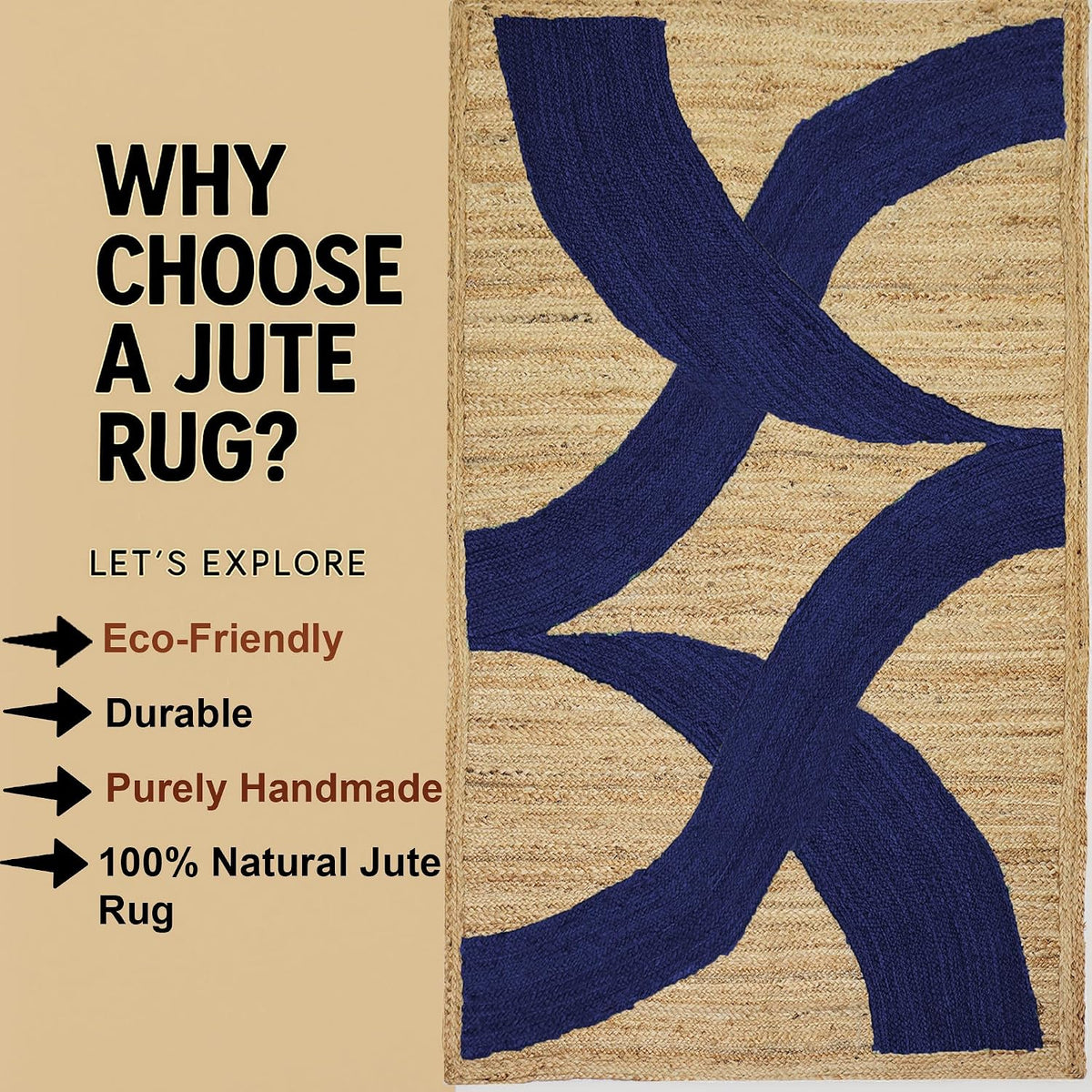 Premium Quality Jute Rug 4x6 Feet Area Rug Natural Fiber Jute Rugs Thick 0.27" Black Abstract Pattern Geometric Rugs for Kids Room, Living Room, Yoga Mat, Indoor Outdoor Carpet - Colors C