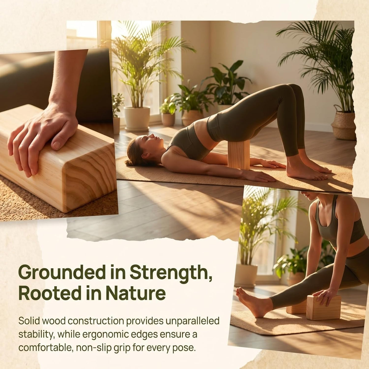 Solid Wood Yoga Block, High Density Wooden Brick with Round Edges & Non-Slip Surface, Yoga Prop for Restorative Fitness, Stretching, Pilates and Meditation, 9" x 4.4" x 2.8"