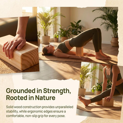 Solid Wood Yoga Block, High Density Wooden Brick with Round Edges & Non-Slip Surface, Yoga Prop for Restorative Fitness, Stretching, Pilates and Meditation, 9" x 4.4" x 2.8"