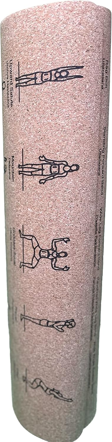 Instructional Cork Yoga/Exercise Mat |Poses in English and Sanskrit| Fade-Proof | Great for Daily Use| Non-slip| Carry Strap Included!