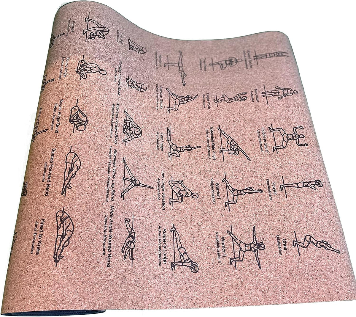 Instructional Cork Yoga/Exercise Mat |Poses in English and Sanskrit| Fade-Proof | Great for Daily Use| Non-slip| Carry Strap Included!