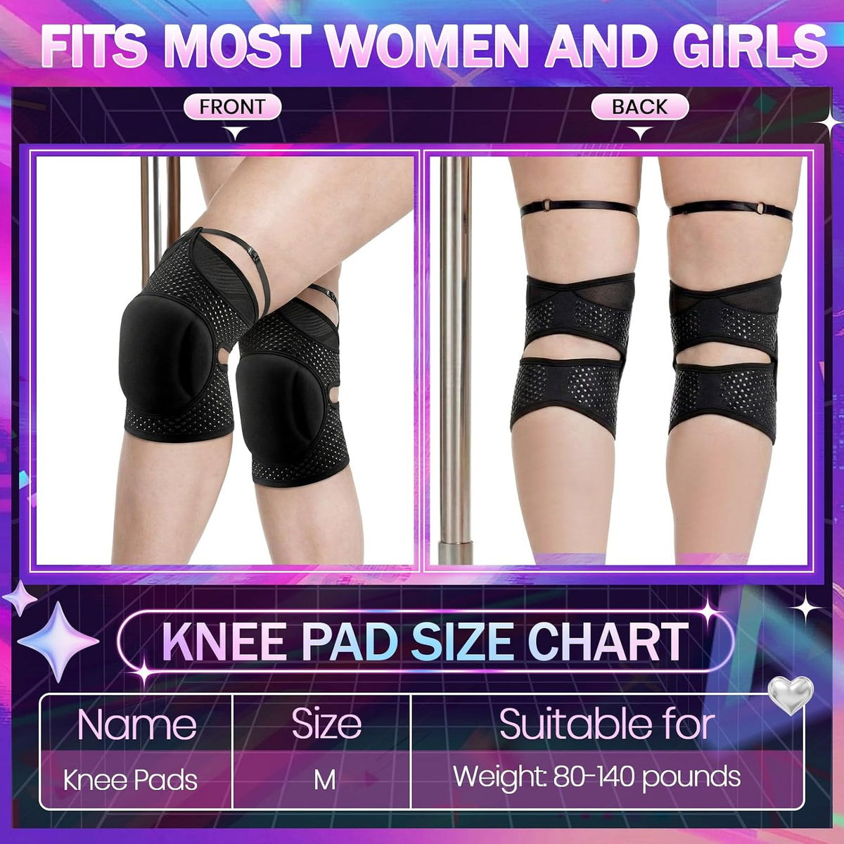 Seenelling 2 Pairs M Pole Dance Knee Pads for Women Protective Non-slip Knee Pads for Ballet Modern Floor Dance and Indoor Sports Yoga Volleyball Figure Skating
