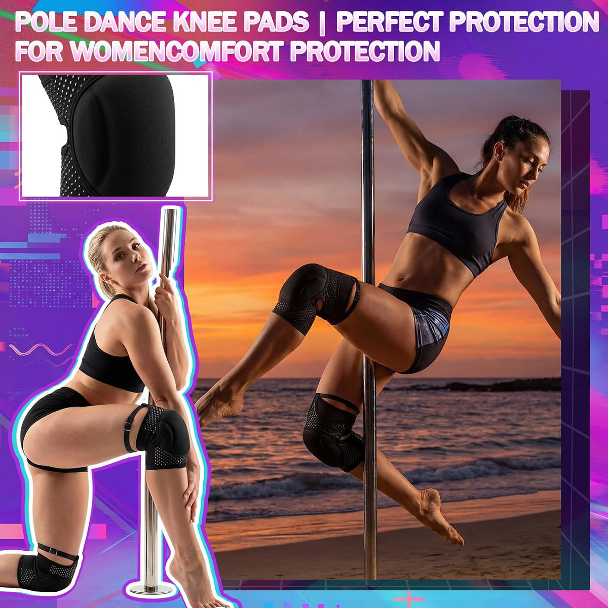 Seenelling 2 Pairs M Pole Dance Knee Pads for Women Protective Non-slip Knee Pads for Ballet Modern Floor Dance and Indoor Sports Yoga Volleyball Figure Skating