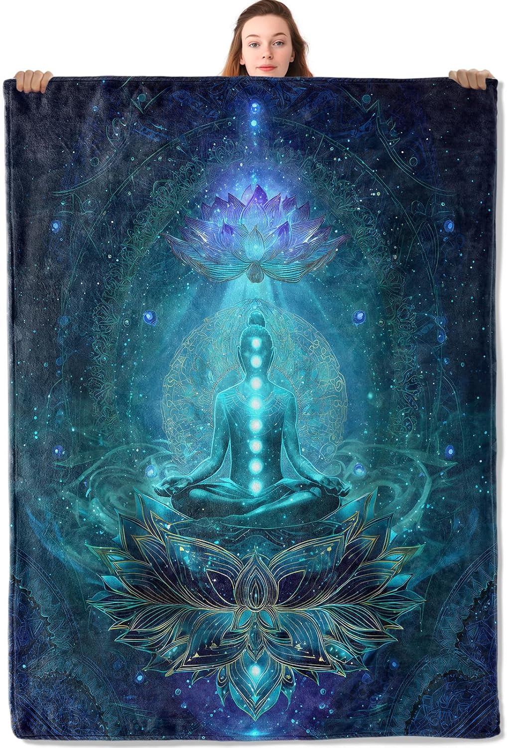 Mystical Lotus Flower Flannel Blanket Blue Chakra Design Warm Lightweight Throw Blankets for Sofa Picnic Travel and Gathering Decorate All Season Use Yoga and Meditation Lovers Gifts 50x60in