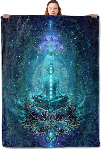 Mystical Lotus Flower Flannel Blanket Blue Chakra Design Warm Lightweight Throw Blankets for Sofa Picnic Travel and Gathering Decorate All Season Use Yoga and Meditation Lovers Gifts 50x60in