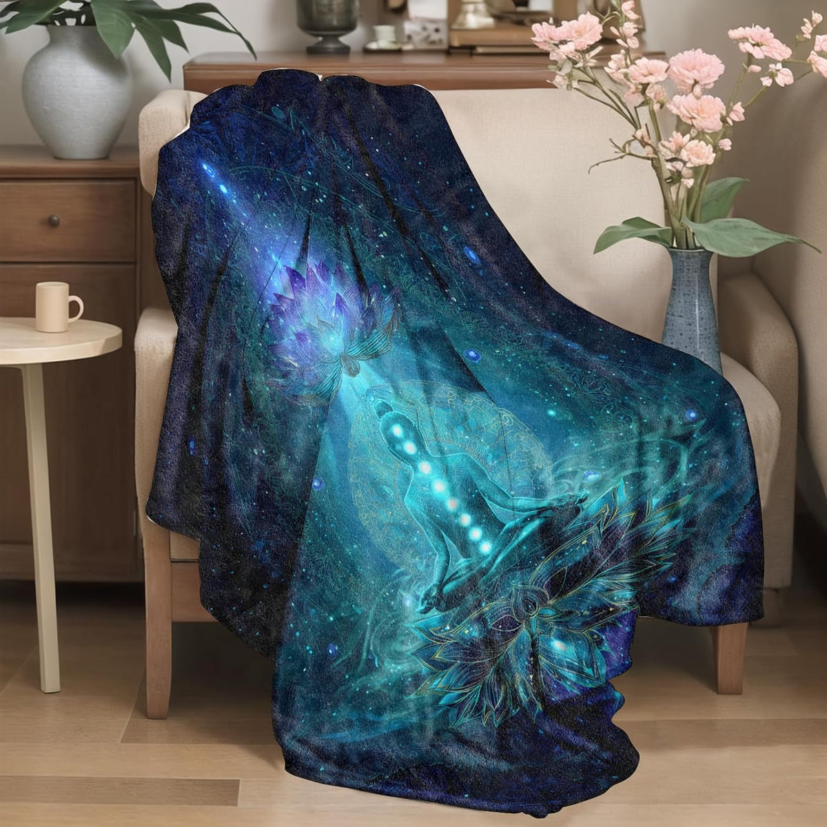 Mystical Lotus Flower Flannel Blanket Blue Chakra Design Warm Lightweight Throw Blankets for Sofa Picnic Travel and Gathering Decorate All Season Use Yoga and Meditation Lovers Gifts 50x60in