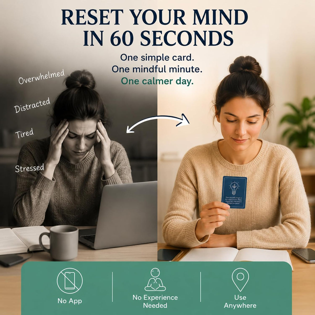 52 Mindfulness Cards for Stress Relief & Everyday Calm, 60-Second Self Care Prompt Deck for Gratitude, Grounding & Meditation, Wellness Gifts for Women and Men