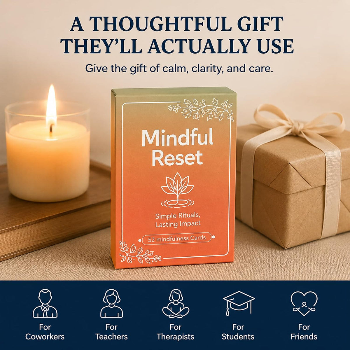 52 Mindfulness Cards for Stress Relief & Everyday Calm, 60-Second Self Care Prompt Deck for Gratitude, Grounding & Meditation, Wellness Gifts for Women and Men