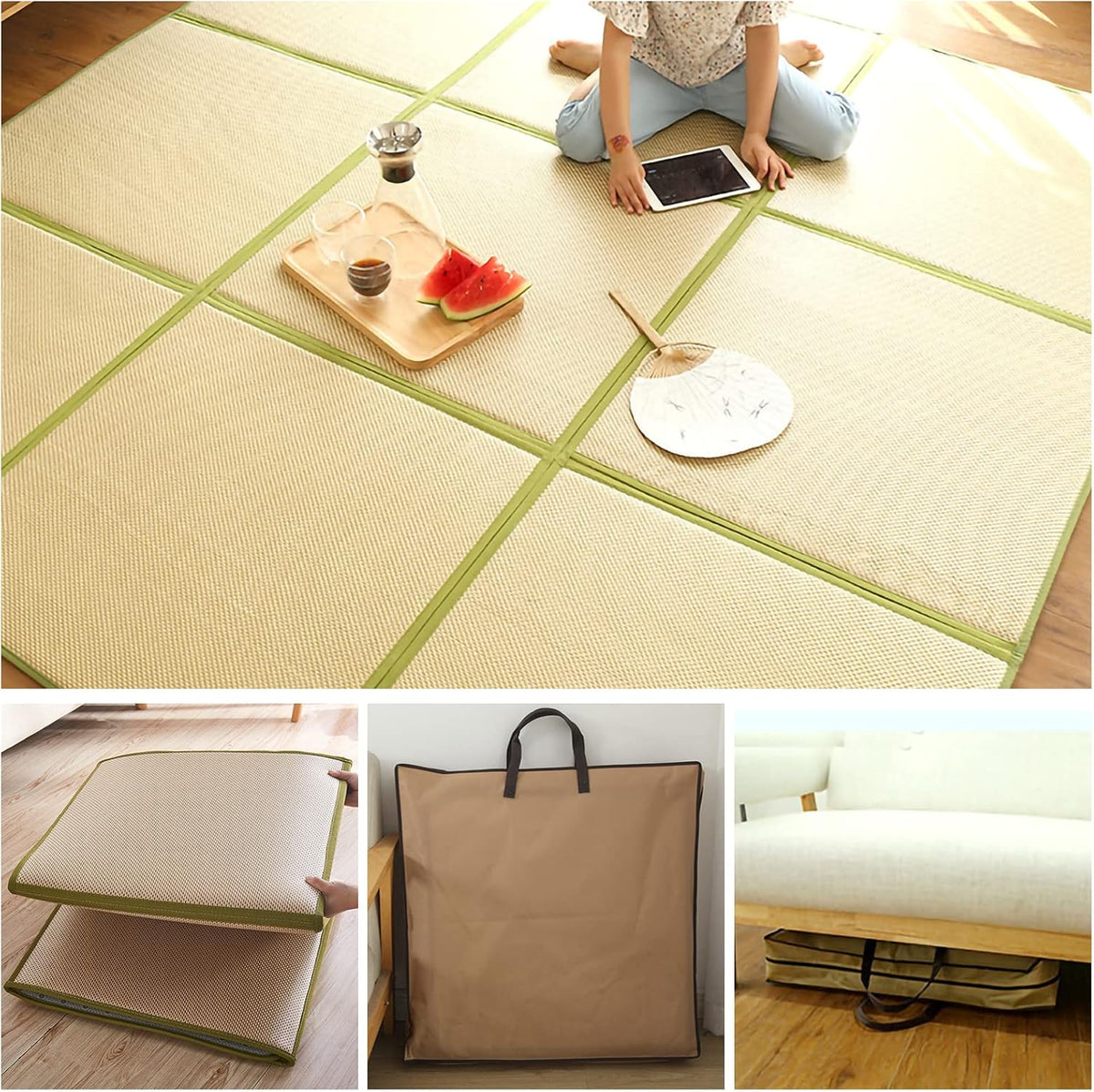 Japanese Tatami Mat Foldable Floor Mats Non-Slip Futon Mattress Sleeping Mat Summer Yoga Mat Indoor Outdoor Runner Rug Area Rug for Bedroom Living Room,Green