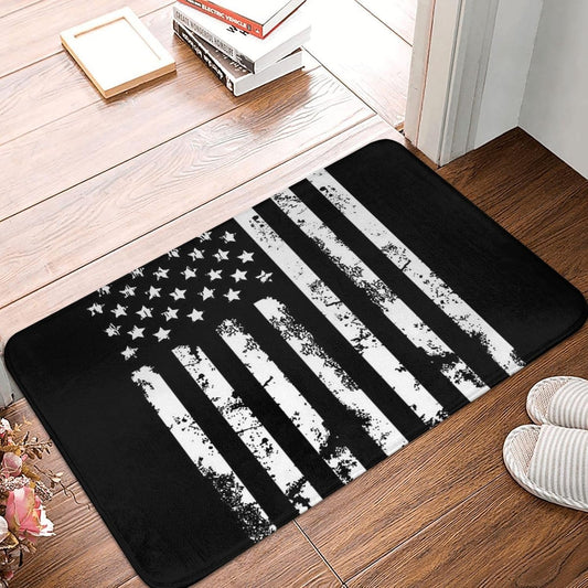 Black and White Vintage Retro American Flag Black Sturdy Front Door Mat, Soft Cat Meat Welcome Door Mat, Outdoor and Indoor, Rubber Bottom Floor Mat, 16 × 24 Inches