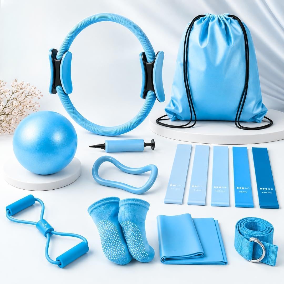 Pilates Ring Set for Women, 12 Inch Pilates Circle with Ball, Resistance Bands, Pilates Socks & Home Workout Accessories, Pilates Equipment Kit for Fitness, Studio & Travel
