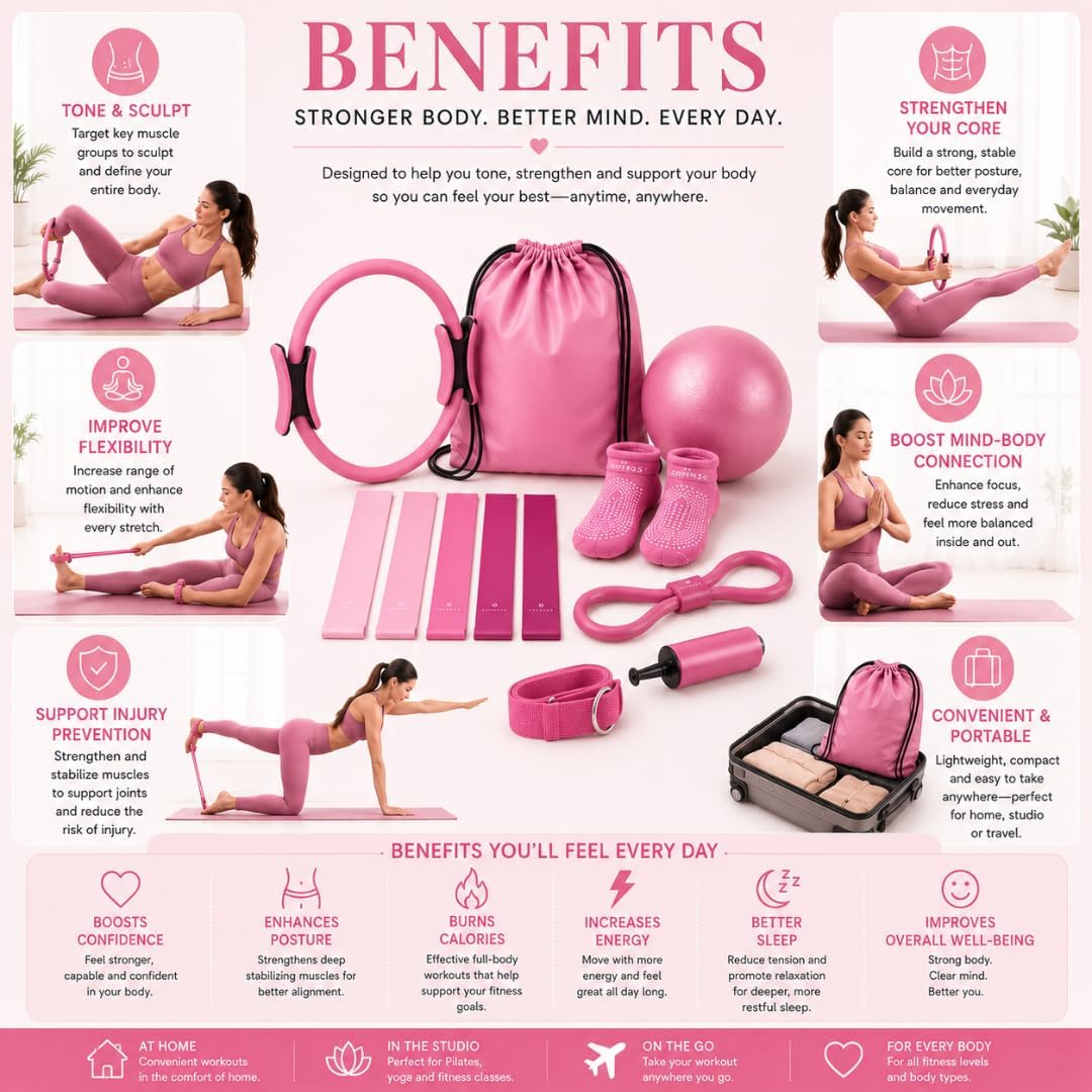 Pilates Ring Set for Women, 12 Inch Pilates Circle with Ball, Resistance Bands, Pilates Socks & Home Workout Accessories, Pilates Equipment Kit for Fitness, Studio & Travel