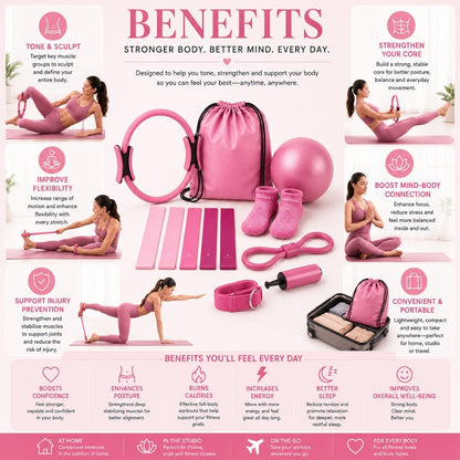 Pilates Ring Set for Women, 12 Inch Pilates Circle with Ball, Resistance Bands, Pilates Socks & Home Workout Accessories, Pilates Equipment Kit for Fitness, Studio & Travel