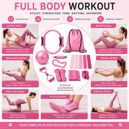 Pilates Ring Set for Women, 12 Inch Pilates Circle with Ball, Resistance Bands, Pilates Socks & Home Workout Accessories, Pilates Equipment Kit for Fitness, Studio & Travel
