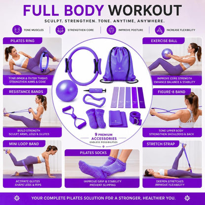 Pilates Ring Set for Women, 12 Inch Pilates Circle with Ball, Resistance Bands, Pilates Socks & Home Workout Accessories, Pilates Equipment Kit for Fitness, Studio & Travel