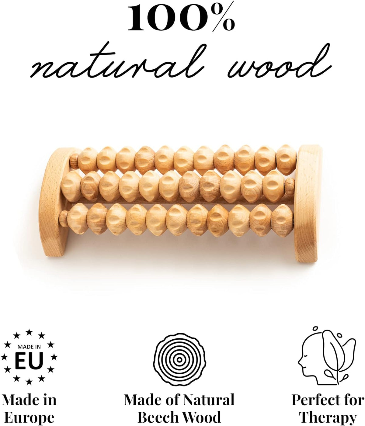 tuuli Accessories - Wooden Foot Massager, Grooved Muscle Roller, Helps Ease Muscle Tension, Supports Blood Circulation, Natural Wood Therapy Massage Tools, 8 x 2 inches